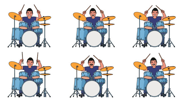 Sequence of six frames showing a cartoon drummer playing a blue drum set with various arm positions to demonstrate movement.