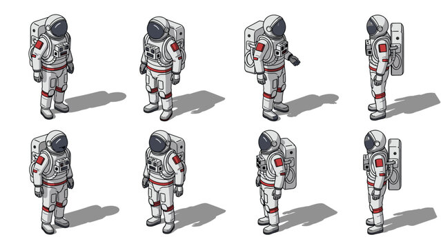 Comprehensive isometric character sheet of an astronaut displays the figure from multiple sides and in various walking poses.