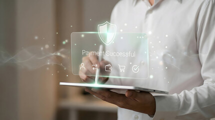 Digital payment successful concept with green shield security and eco-friendly icons on tablet