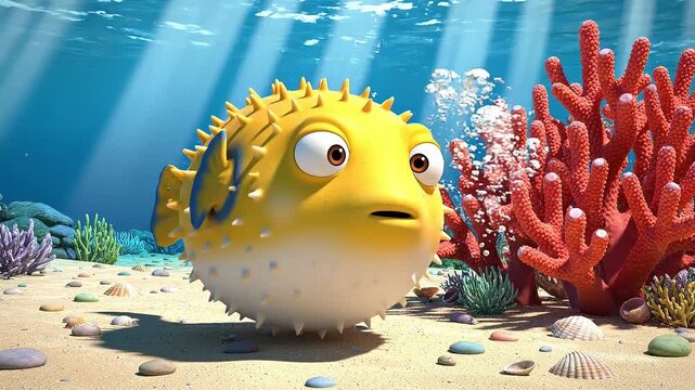 Cartoon Pufferfish on Sandy Ocean Floor Near Red Coral Reef