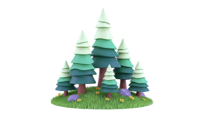 Stylized forest with green trees, grass, flowers, and rocks