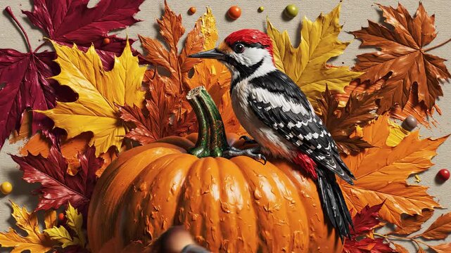 Autumn's Bird and Pumpkin: A vibrant depiction of the autumn season, with a woodpecker perched atop a ripe pumpkin, surrounded by colorful fallen leaves, creating a tableau of seasonal beauty.