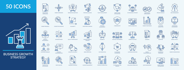 Business growth strategy - Icon Collection. Thin Line blue Set contains such Icons as risk management, continuous improvement, market research and more. Simple web icons set