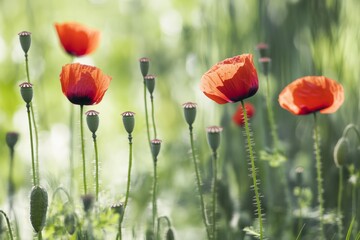 Obraz premium A field of poppy plants showcases vibrant red capsules and lush green stems, illuminated by soft sunlight, creating a tranquil and picturesque scene of nature's beauty
