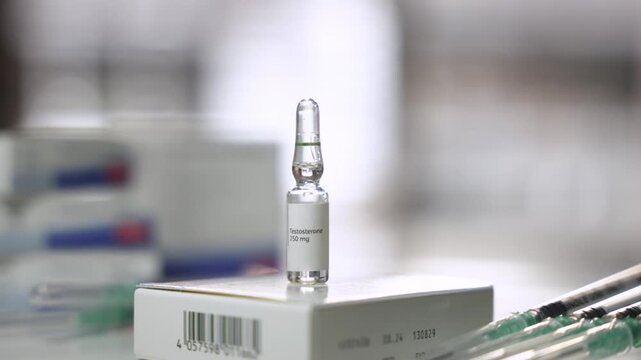 Camera Pull Back of Testosterone Ampoule with Syringes, Hormone Therapy Concept