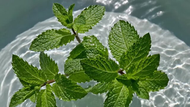 Fresh Mint in Water: Fresh green mint leaves floating in clear, pristine water, with ripples creating a serene and refreshing visual, perfect for illustrating natural ingredients and wellness.