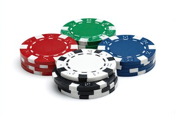 Four stacks of colorful casino chips on a white background, representing gambling