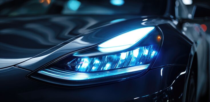 A close-up view of a car's illuminated headlight with reflections and city lights in the background