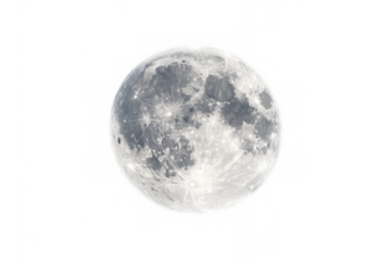 Full moon revealing illuminated craters and lunar surface texture, floating in a cosmic space with transparent background