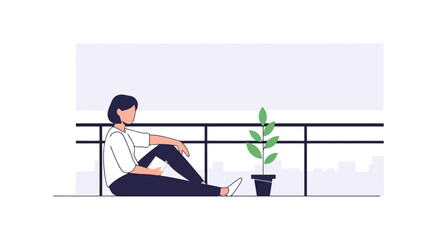 Naklejka premium Young woman with short dark hair wearing a white shirt and dark pants sits on a balcony floor beside a potted green plant looking out over a city