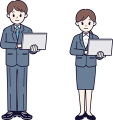 Business person working on laptop and tablet - IT DX, line art