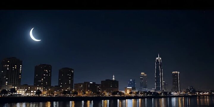 Illuminated modern city skyline at night with reflections over water, featuring a bright crescent moon in the dark sky.