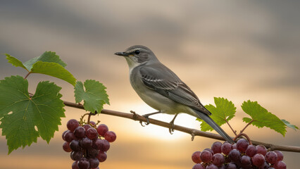 Small Bird Perched on Grape Vine at Sunset