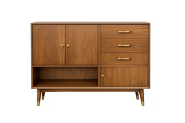 Mid-century modern wooden sideboard with drawers and cabinets, featuring retro style furniture for interior design