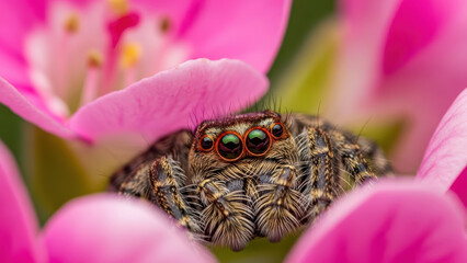 Close-up of a spider on pink flowers in natural light