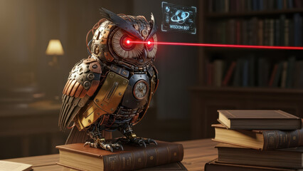 Robotic Owl Perched on Stack of Books with Holographic Projection