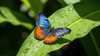 Obraz premium Blue and orange butterfly resting on a dew-covered leaf in a lush green forest