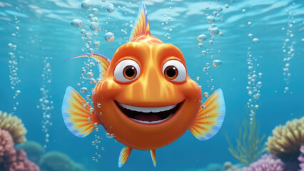 Cartoon Fish Swimming in Clear Ocean Water with Bubble Trail
