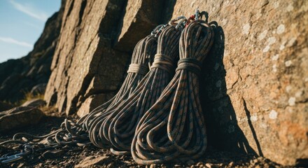 Coiled climbing ropes rest against a rugged rock face, ready for ascents under a clear sky