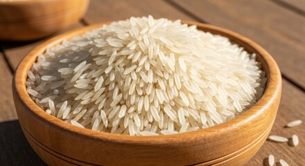 Close-up of polished white grains of rice in a rustic wooden bowl, sunny day