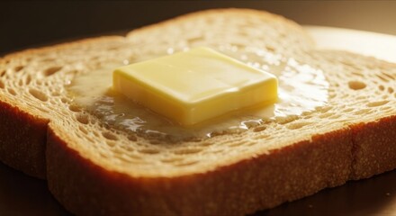 Close-up of toast with a melting square of butter on a dark plate