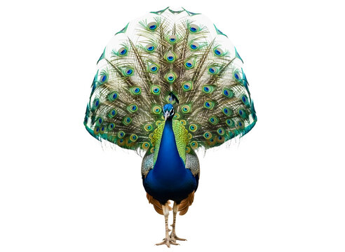 Peacock with open tail feathers isolated on transparent background