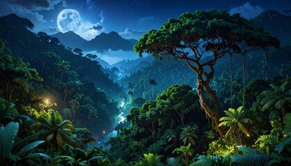 Obraz premium Majestic Moonlit Jungle with Glowing Fireflies and Ancient Tree in Misty Tropical Forest