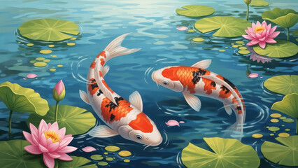 Colorful Koi Fish Swimming in a Lush Water Garden
