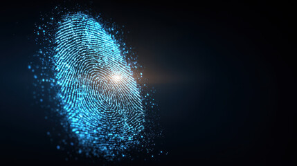 Digital Fingerprint: A luminous, digitized fingerprint glows with intricate detail against a dark, futuristic background, representing identity, security.