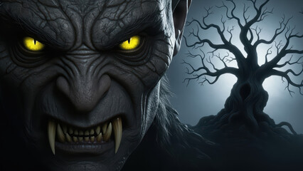 Mysterious Creature with Glowing Eyes Staring at a Barren Tree