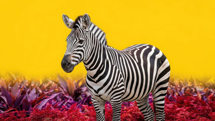 Fototapeta premium Zebra standing on vibrant foliage against a yellow background