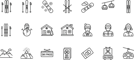 Ski resort including skis snowman house people mountains ski poles