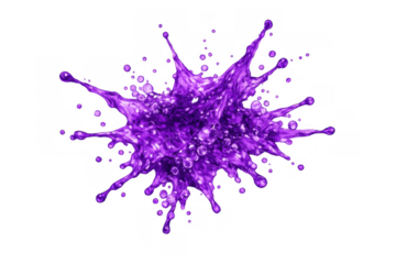 Purple liquid splash exploding, creating many droplets and bubbles, creative abstract fluid motion element