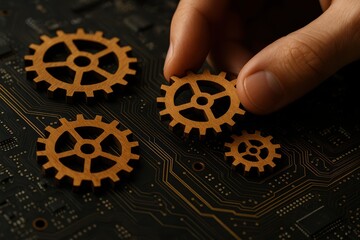 Precision Engineering: A close-up view captures the intricate dance of hands and cogs, symbolizing technological mastery and the process of construction