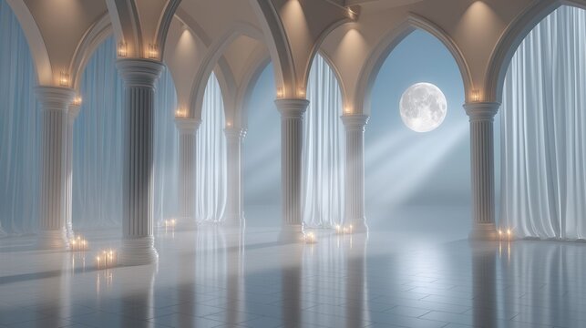 A large room with pillars and a large moon in the sky
