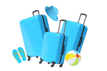 Obraz premium Set of suitcase with sunglasses, beach balls, camera, hat, and flip-flops isolated on white background, travel concept