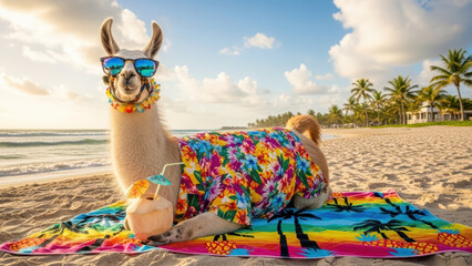 Camelid enjoying vacation by the beach with a drink