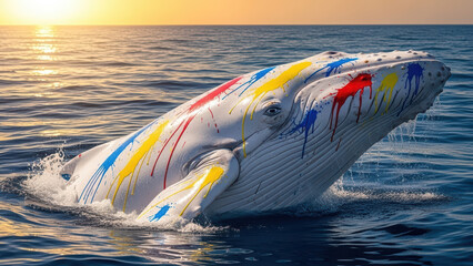 Whale Breaching in the Ocean During Sunset