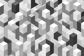 Isometric, grayscale, geometric pattern featuring various shades of stacked cube shapes
