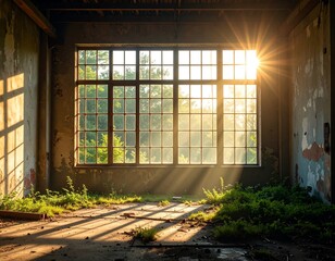 Sunlight streams through a large window of an old building, illuminating overgrown floor and aging walls