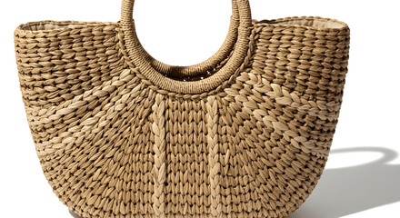Natural woven straw tote with round ring handles and fan‑shaped weave, offering breezy beach, market and summer city style with effortless charm

