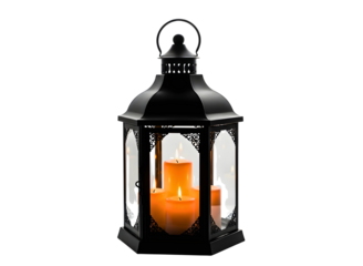Black lantern with candles isolated on transparent background