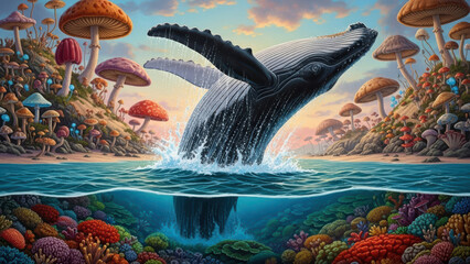 Whale Breaching Over Coral Reef