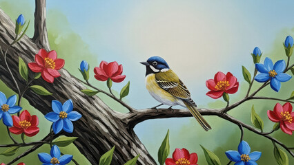 Small songbird perched on a branch surrounded by vibrant flowers in a sunny landscape
