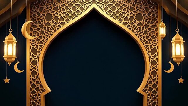 Golden Islamic arch frame illuminated with hanging lanterns, crescent moons, and intricate geometric patterns on a dark blue background.