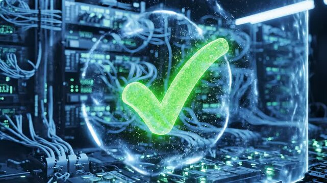Data Center Green Checkmark: A digital green checkmark glows against the backdrop of a bustling data center, symbolizing approval, validation, and the seamless operation of digital systems.