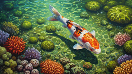 Ornate Koi Fish Swimming in a Lush Coral Reef