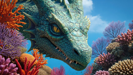 Fantasy sea dragon among vibrant coral reefs
