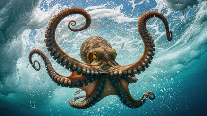 Giant Octopus Swiming in Deep Ocean Waters