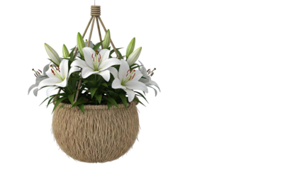 White Lilies in a Woven Hanging Basket
